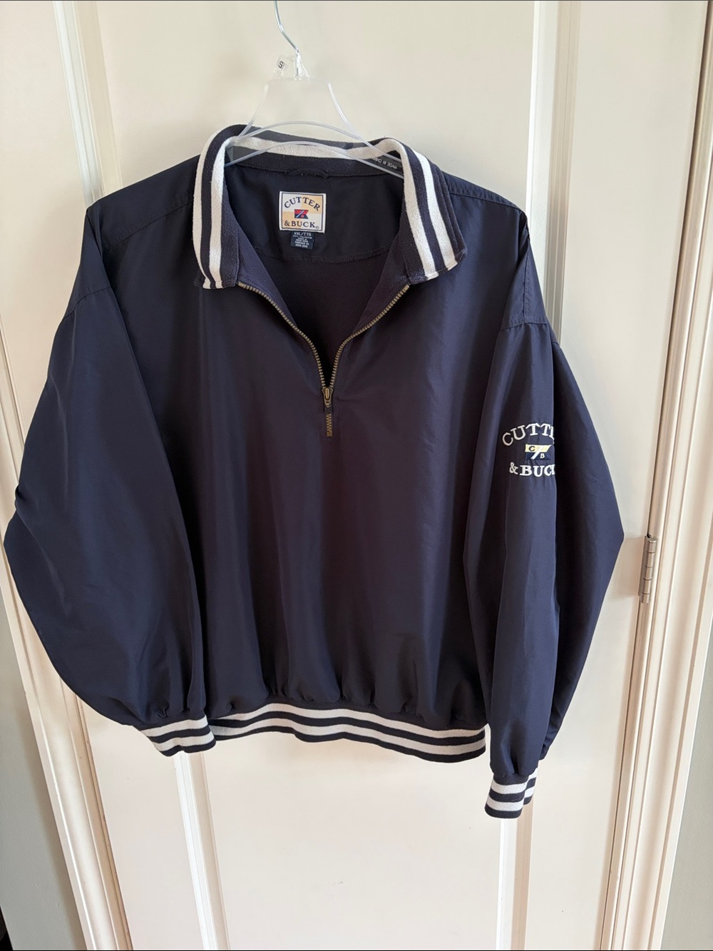 Cutter & Buck Navy Quarter-Zip Windbreaker with Stripe Trim